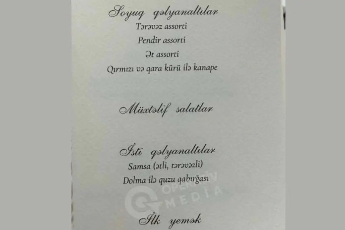 İlham Əliyevin şərəfinə verilən dövlət ziyafətinin - Menyusu