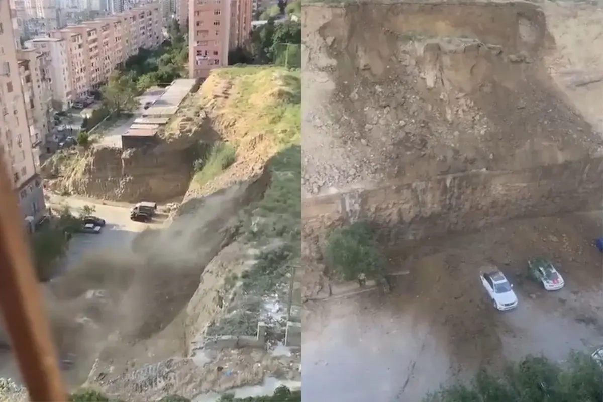 Bakıda DƏHŞƏTLİ ANLAR: Avtomobillər torpağın altında qaldı - VİDEO