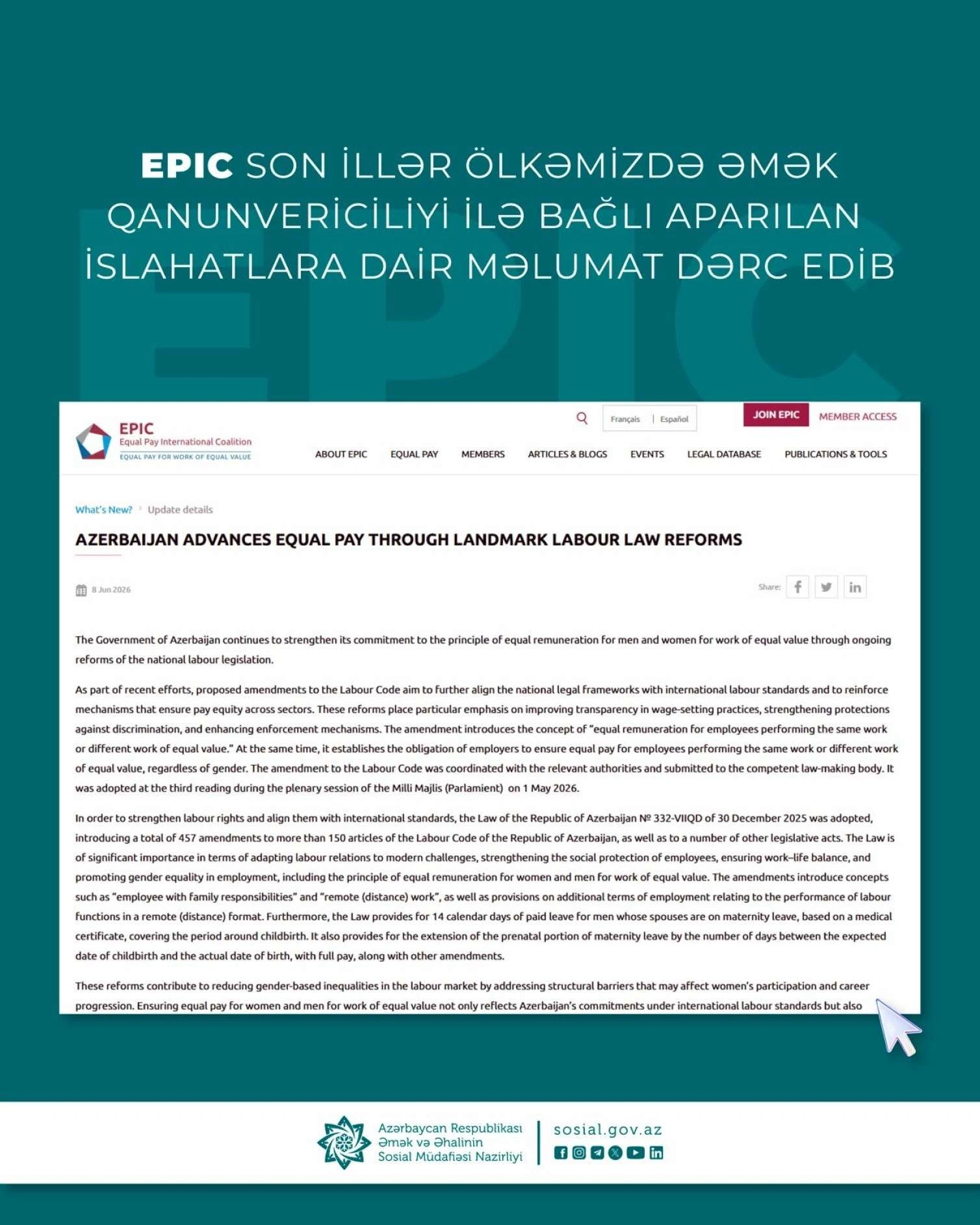 EPIC son illər ölkəmizdə əmək qanunvericiliyi ilə bağlı aparılan islahatlara dair məlumat dərc edib